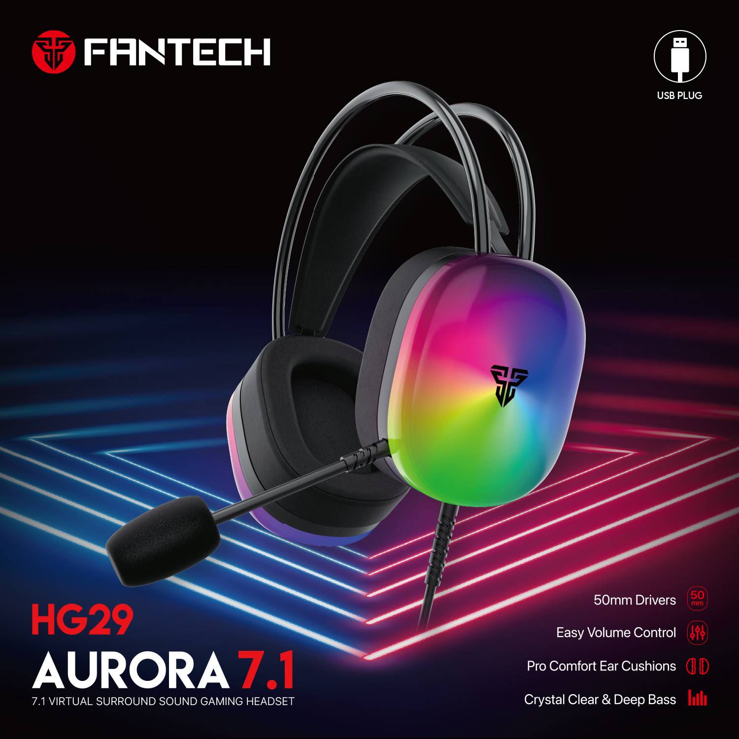 Fantech Aurora HG29 7.1 Virtual Surround Sound USB Gaming Headset RGB